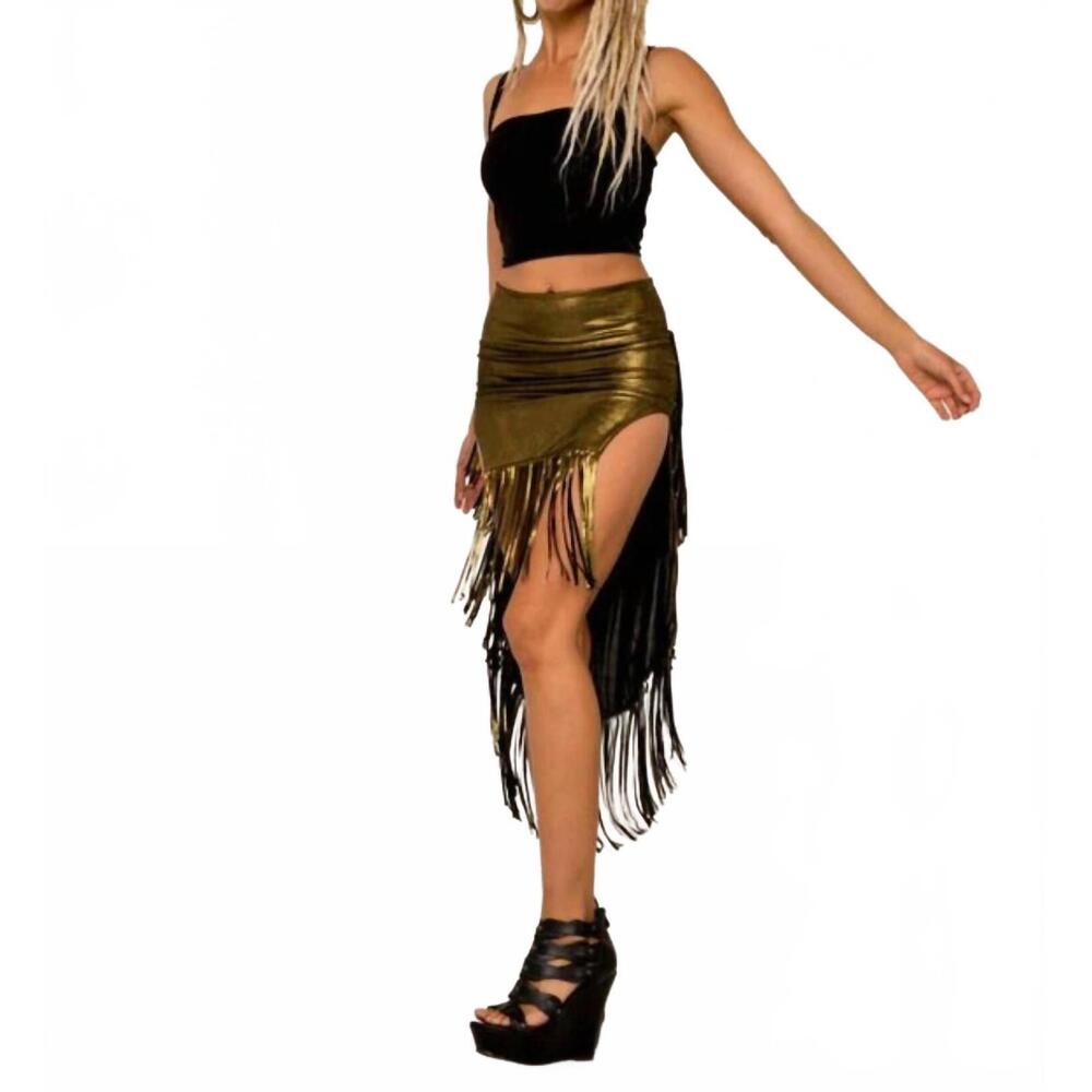 NEW OMNI metallic 3 layered fringe skirt in gold